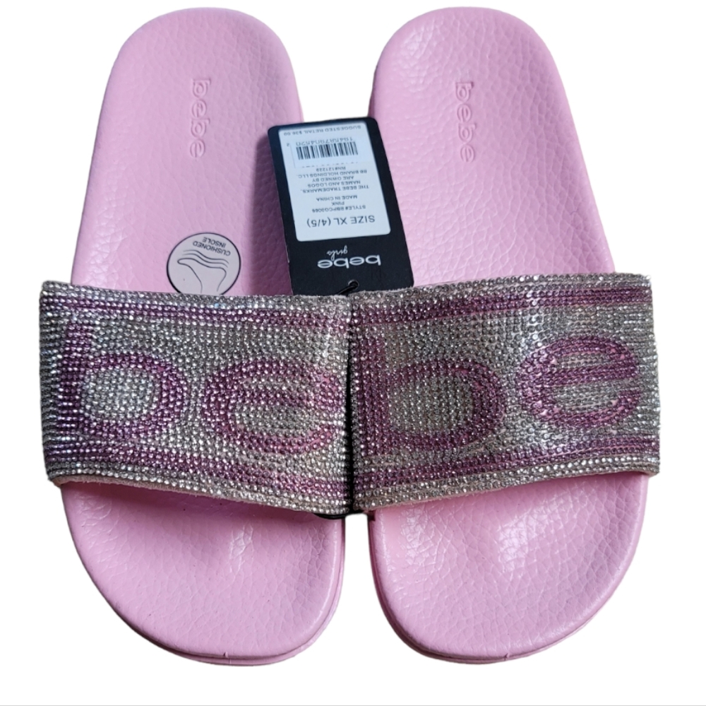 Bebe Girls Light Pink/Silver Rhinestone Logo Slides, Size XL  (4/5)